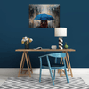 'Under Blue Umbrella I' Oil Painting on Canvas - Eva Czarniecka Umbrella Oil paintings Rain London Streets Pallets Knife Limited Edition Prints Impressionism Art Contemporary