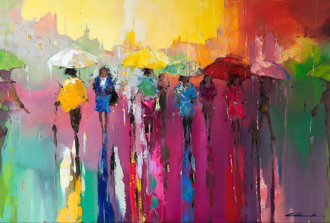 'Afternoon Sun' Limited Edition Print - Eva Czarniecka Umbrella Oil paintings Rain London Streets Pallets Knife Limited Edition Prints Impressionism Art Contemporary