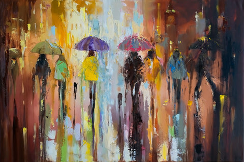 'Autumn in Westminster', 2015 Limited Edition Print - Eva Czarniecka Umbrella Oil paintings Rain London Streets Pallets Knife Limited Edition Prints Impressionism Art Contemporary