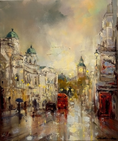 'London Winter', 2015 Contemporary Limited Edition Print - Eva Czarniecka Umbrella Oil paintings Rain London Streets Pallets Knife Limited Edition Prints Impressionism Art Contemporary