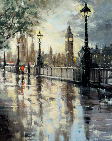 'Big Ben', 2016 Limited Edition Print Ready To Hang - Eva Czarniecka Umbrella Oil paintings Rain London Streets Pallets Knife Limited Edition Prints Impressionism Art Contemporary