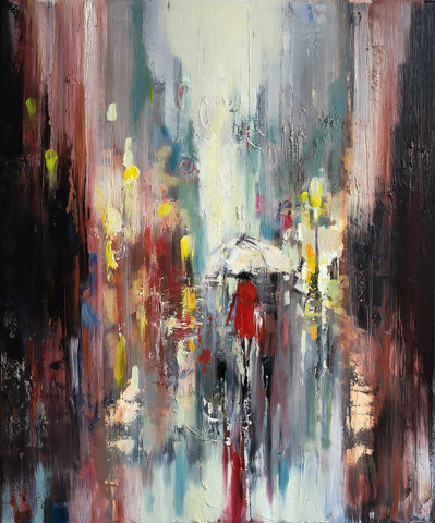 'We are Not Alone' (2017) Oil Picture Ready to Hang - Eva Czarniecka Umbrella Oil paintings Rain London Streets Pallets Knife Limited Edition Prints Impressionism Art Contemporary