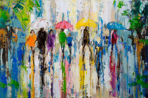 'April Showers' Modern Oil Painting, Canvas Ready to Hang, Ideal Gift or Home Decor - Eva Czarniecka Umbrella Oil paintings Rain London Streets Pallets Knife Limited Edition Prints Impressionism Art Contemporary