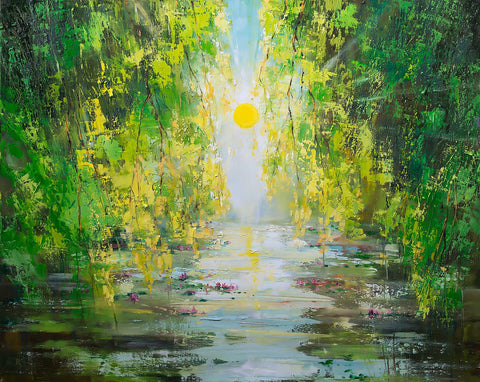 'Green River' Modern Oil Painting, Canvas Ready to Hang, Ideal Gift or Home Decor - Eva Czarniecka Umbrella Oil paintings Rain London Streets Pallets Knife Limited Edition Prints Impressionism Art Contemporary