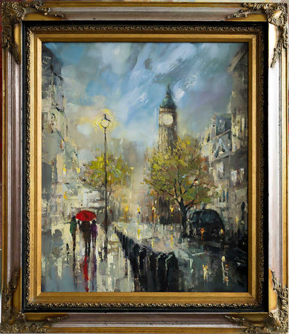 'Rainy London' Original Oil Painting on Canvas Ready to Hang, Framed - Eva Czarniecka Umbrella Oil paintings Rain London Streets Pallets Knife Limited Edition Prints Impressionism Art Contemporary