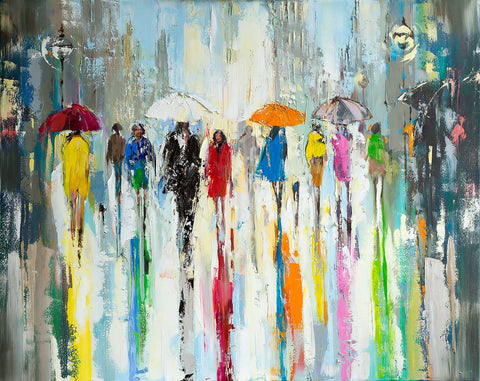 'Evening Lights' 2017) Oil Picture Ready To Hang - Eva Czarniecka Umbrella Oil paintings Rain London Streets Pallets Knife Limited Edition Prints Impressionism Art Contemporary