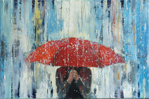 'Behind Red Umbrella' Modern Oil Painting, Canvas Ready to Hang, (Reserved for Steve) - Eva Czarniecka Umbrella Oil paintings Rain London Streets Pallets Knife Limited Edition Prints Impressionism Art Contemporary