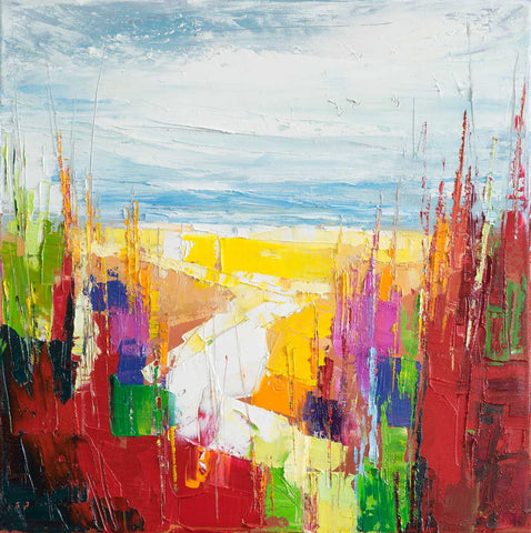 'Midsummer Beach' (2017) Oil on Canvas Ready to Hang - Eva Czarniecka Umbrella Oil paintings Rain London Streets Pallets Knife Limited Edition Prints Impressionism Art Contemporary