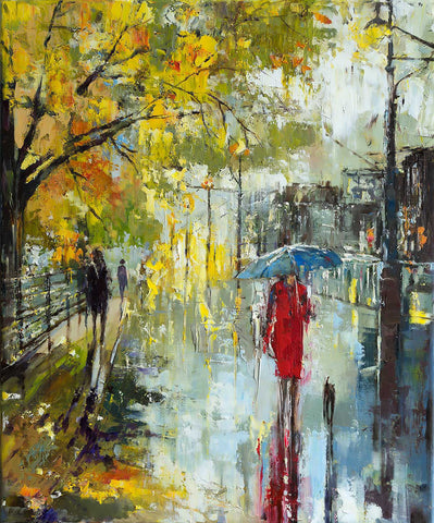 'Notting Hill-London' (2017) Oil Picture Ready to Hang - Eva Czarniecka Umbrella Oil paintings Rain London Streets Pallets Knife Limited Edition Prints Impressionism Art Contemporary