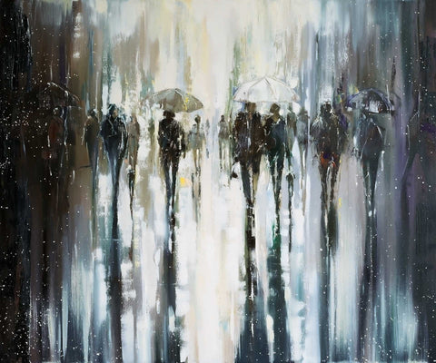'Winter Escape' Modern Oil Painting, Canvas Ready to Hang, Ideal Gift or Home Decor - Eva Czarniecka Umbrella Oil paintings Rain London Streets Pallets Knife Limited Edition Prints Impressionism Art Contemporary