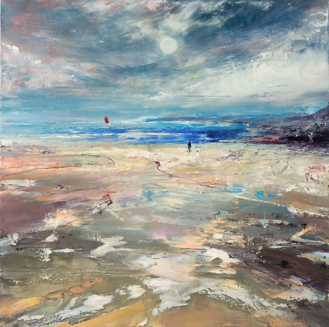 'Three Cliffs Bay' Oil Picture Ready To Hang - Eva Czarniecka Umbrella Oil paintings Rain London Streets Pallets Knife Limited Edition Prints Impressionism Art Contemporary