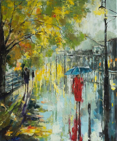 'Notting Hill-London II' (2017) Oil Picture Ready to Hang (Commission/Reserved) - Eva Czarniecka Umbrella Oil paintings Rain London Streets Pallets Knife Limited Edition Prints Impressionism Art Contemporary