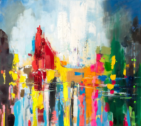 'Summer Impressions' 2017 Mixed Media Painting Ready To Hang - Eva Czarniecka Umbrella Oil paintings Rain London Streets Pallets Knife Limited Edition Prints Impressionism Art Contemporary
