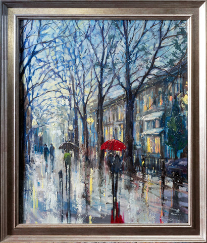London At Dusk (2017) Oil Painting on Canvas Framed Ready to Hang - Eva Czarniecka Umbrella Oil paintings Rain London Streets Pallets Knife Limited Edition Prints Impressionism Art Contemporary