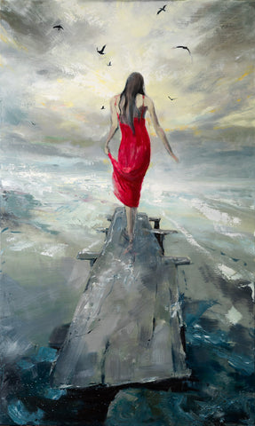 'Fly Away' (2017) Oil on Canvas Ready to Hang - Eva Czarniecka Umbrella Oil paintings Rain London Streets Pallets Knife Limited Edition Prints Impressionism Art Contemporary