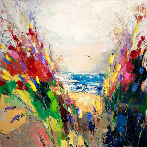 'Searching the Blue' Oil on Canvas, Ready to Hang - Eva Czarniecka Umbrella Oil paintings Rain London Streets Pallets Knife Limited Edition Prints Impressionism Art Contemporary
