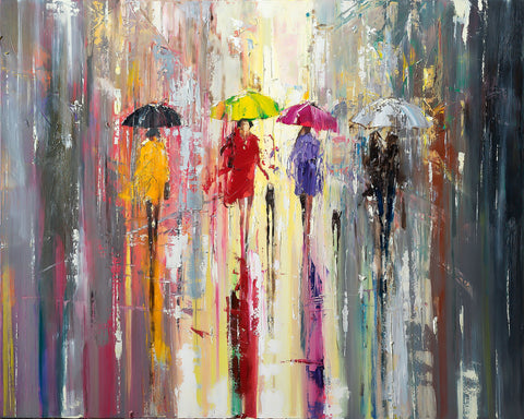 'Out in The Rain' Oil Painting Ready To Hang - Eva Czarniecka Umbrella Oil paintings Rain London Streets Pallets Knife Limited Edition Prints Impressionism Art Contemporary
