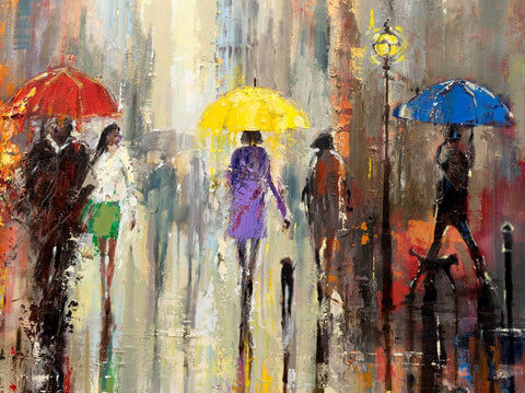 'AUTUMN REFLECTIONS' Hand Embellished Limited Edition Print on Canvas - Eva Czarniecka Umbrella Oil paintings Rain London Streets Pallets Knife Limited Edition Prints Impressionism Art Contemporary  