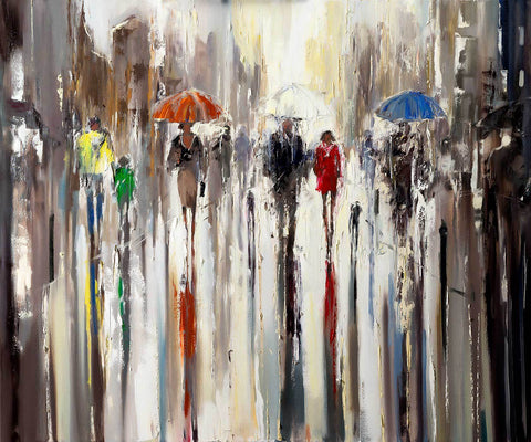 'Of Dark and Light' Large oil Painting Ready to Hang Reserved - Eva Czarniecka Umbrella Oil paintings Rain London Streets Pallets Knife Limited Edition Prints Impressionism Art Contemporary