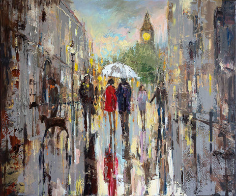 'Out for a Walk' Oil Painting on Canvas, Ready to Hang - Eva Czarniecka Umbrella Oil paintings Rain London Streets Pallets Knife Limited Edition Prints Impressionism Art Contemporary