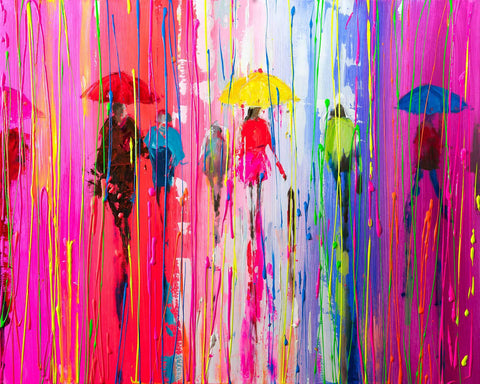 'Buzzing Street' Acrylic Painting Ready To Hang - Eva Czarniecka Umbrella Oil paintings Rain London Streets Pallets Knife Limited Edition Prints Impressionism Art Contemporary