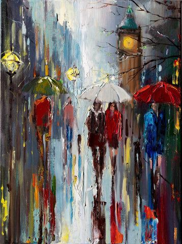 'Ordinary Day' Oil Painting on Canvas, Ready to Hang - Eva Czarniecka Umbrella Oil paintings Rain London Streets Pallets Knife Limited Edition Prints Impressionism Art Contemporary