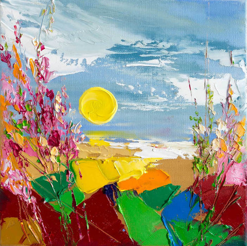 'Relaxing Beach' Oil Painting on Canvas, Ready to Hang - Eva Czarniecka Umbrella Oil paintings Rain London Streets Pallets Knife Limited Edition Prints Impressionism Art Contemporary