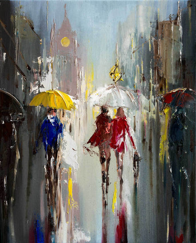 'Rainy Winter Day' Oil Painting on Canvas, Ready to Hang - Eva Czarniecka Umbrella Oil paintings Rain London Streets Pallets Knife Limited Edition Prints Impressionism Art Contemporary