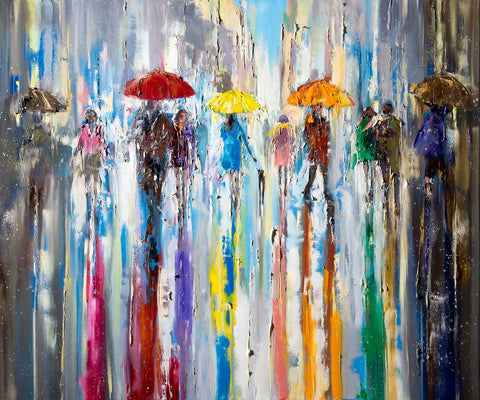 'Reflecting Breeze' Large Oil Painting Ready to Hang - Eva Czarniecka Umbrella Oil paintings Rain London Streets Pallets Knife Limited Edition Prints Impressionism Art Contemporary