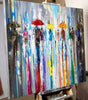 'Reflecting Breeze' Large Oil Painting Ready to Hang - Eva Czarniecka Umbrella Oil paintings Rain London Streets Pallets Knife Limited Edition Prints Impressionism Art Contemporary