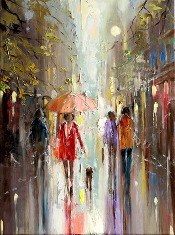 'The Afternoon Shower' Oil Painting on Canvas, Ready to Hang - Eva Czarniecka Umbrella Oil paintings Rain London Streets Pallets Knife Limited Edition Prints Impressionism Art Contemporary