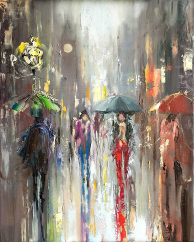 'Winter Town' Oil Painting on Canvas, Ready to Hang (Reserved for Donna) - Eva Czarniecka Umbrella Oil paintings Rain London Streets Pallets Knife Limited Edition Prints Impressionism Art Contemporary