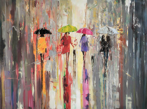 'Out in The Rain II'(2018) Oil Picture Reserved (Commission for Lars) - Eva Czarniecka Umbrella Oil paintings Rain London Streets Pallets Knife Limited Edition Prints Impressionism Art Contemporary