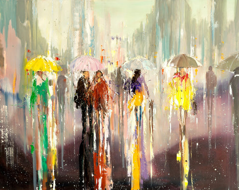 'Rainy Stroll' Oil Painting Ready To Hang - Eva Czarniecka Umbrella Oil paintings Rain London Streets Pallets Knife Limited Edition Prints Impressionism Art Contemporary