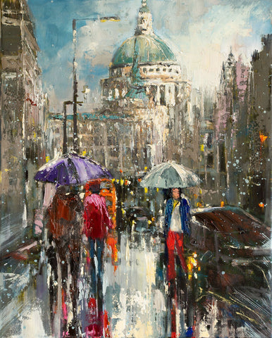 'Winter Day in St.Paul's' Oil Painting on Canvas, Ready to Hang - Eva Czarniecka Umbrella Oil paintings Rain London Streets Pallets Knife Limited Edition Prints Impressionism Art Contemporary