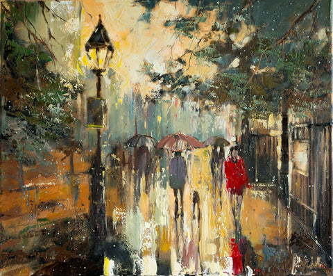 'Evening in Hyde Park'  Painting on Canvas, Ready to Hang - Eva Czarniecka Umbrella Oil paintings Rain London Streets Pallets Knife Limited Edition Prints Impressionism Art Contemporary