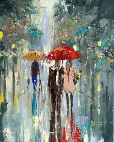 'A stroll in the park'Oil Painting on Canvas, Ready to Hang - Eva Czarniecka Umbrella Oil paintings Rain London Streets Pallets Knife Limited Edition Prints Impressionism Art Contemporary