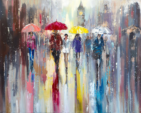 'Rainy April in London' Oil Painting Ready To Hang - Eva Czarniecka Umbrella Oil paintings Rain London Streets Pallets Knife Limited Edition Prints Impressionism Art Contemporary