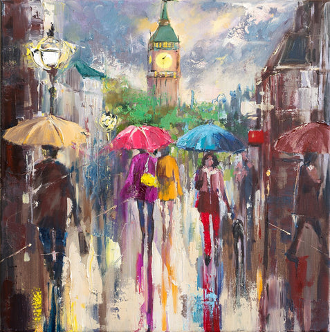 'After the Storm' Oil Painting - Eva Czarniecka Umbrella Oil paintings Rain London Streets Pallets Knife Limited Edition Prints Impressionism Art Contemporary