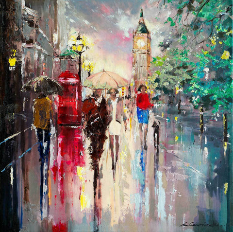 'Summer in Westminster' Oil Painting (Reserved) - Eva Czarniecka Umbrella Oil paintings Rain London Streets Pallets Knife Limited Edition Prints Impressionism Art Contemporary