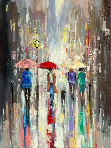 'The City' Oil Painting Ready To Hang - Eva Czarniecka Umbrella Oil paintings Rain London Streets Pallets Knife Limited Edition Prints Impressionism Art Contemporary