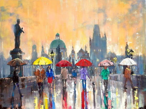 'Summer in Prague' Large Oil Painting Commission/Reserved - Eva Czarniecka Umbrella Oil paintings Rain London Streets Pallets Knife Limited Edition Prints Impressionism Art Contemporary