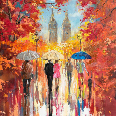 'Autumn in Central Park' Oil Painting Commission/Sold - Eva Czarniecka Umbrella Oil paintings Rain London Streets Pallets Knife Limited Edition Prints Impressionism Art Contemporary