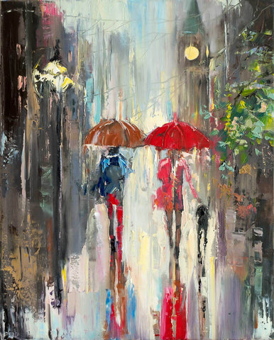 'Night Stroll' Oil Painting on Canvas, Ready to Hang - Eva Czarniecka Umbrella Oil paintings Rain London Streets Pallets Knife Limited Edition Prints Impressionism Art Contemporary