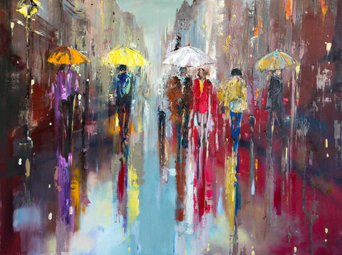 'Regent Street, London' Large Oil Painting Ready To Hang - Eva Czarniecka Umbrella Oil paintings Rain London Streets Pallets Knife Limited Edition Prints Impressionism Art Contemporary