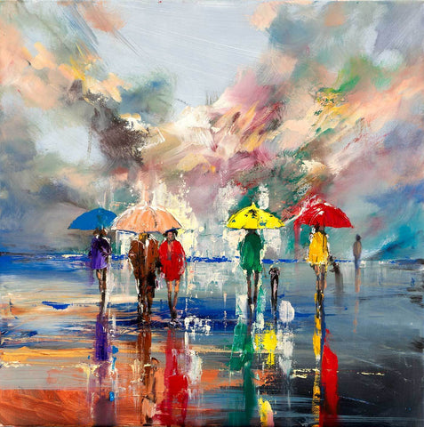 'Sunshine after Storm' Oil Painting on Canvas, Ready to Hang - Eva Czarniecka Umbrella Oil paintings Rain London Streets Pallets Knife Limited Edition Prints Impressionism Art Contemporary