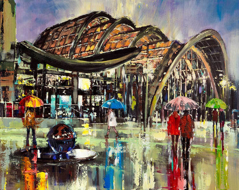 'Sheffield Winter Garden'  Oil Picture Commission/Reserved - Eva Czarniecka Umbrella Oil paintings Rain London Streets Pallets Knife Limited Edition Prints Impressionism Art Contemporary