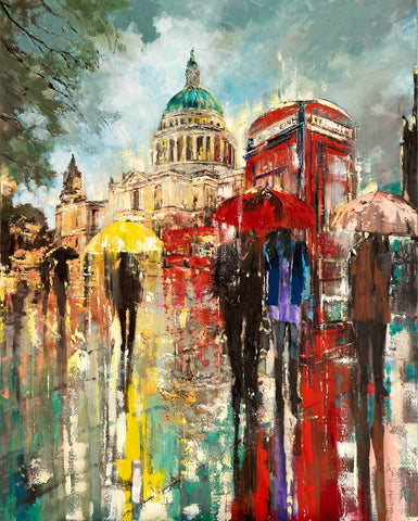 'Summer Stroll at St.Paul's' Original Oil Painting on Canvas Ready to Hang - Eva Czarniecka Umbrella Oil paintings Rain London Streets Pallets Knife Limited Edition Prints Impressionism Art Contemporary