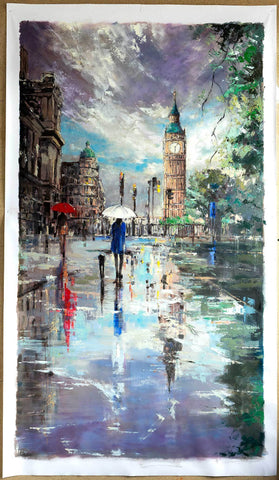Commission SOLD - Eva Czarniecka Umbrella Oil paintings Rain London Streets Pallets Knife Limited Edition Prints Impressionism Art Contemporary