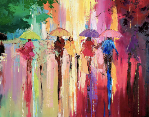 'Rainbow Shower in Hyde Park' Original Oil Painting on Canvas Ready to Hang - Eva Czarniecka Umbrella Oil paintings Rain London Streets Pallets Knife Limited Edition Prints Impressionism Art Contemporary